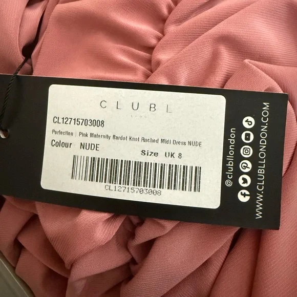 Club London Maternity Bardot Knot Ruched Midi Dress - Picture 2 of 4